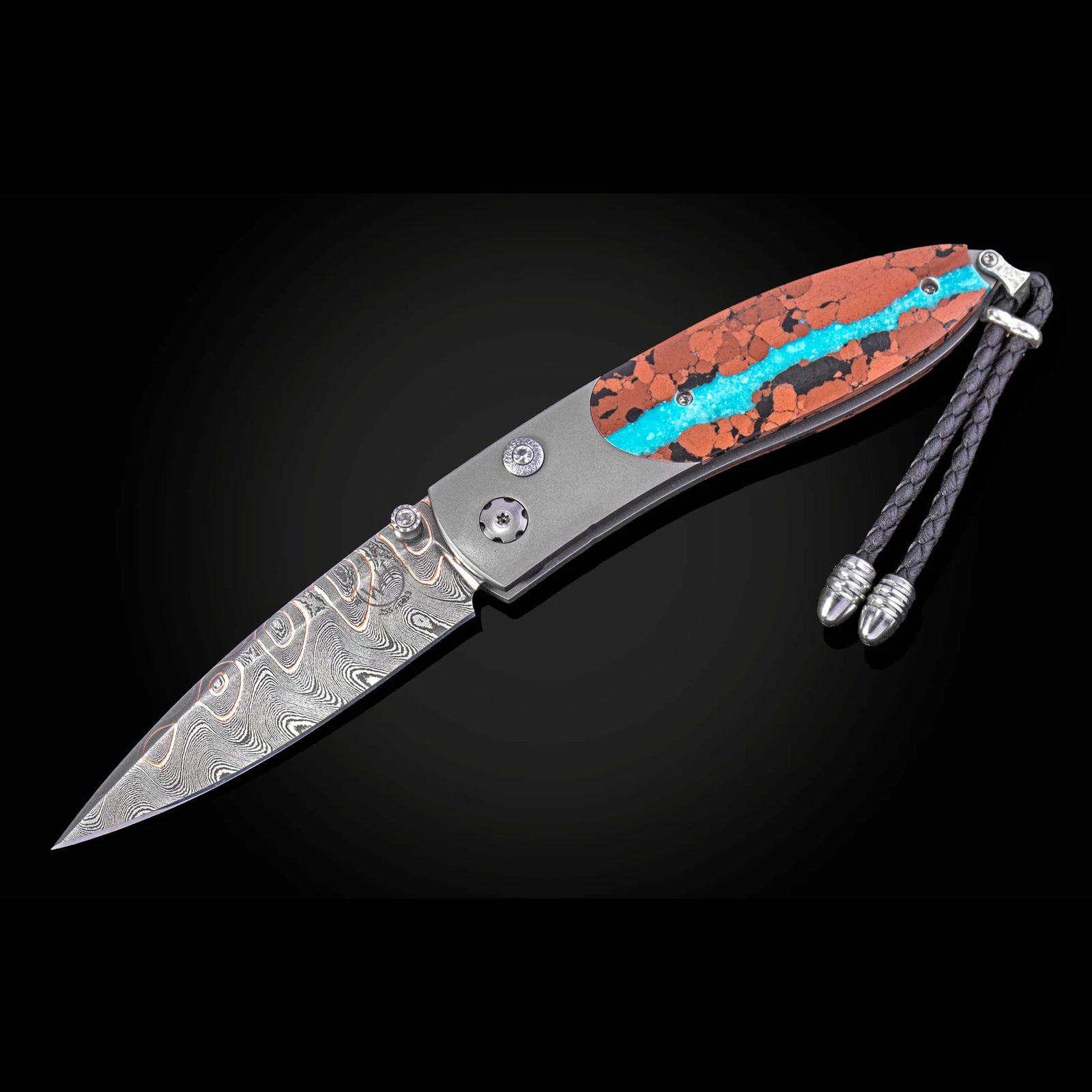 William Henry B05 Pahoehoe - Turquoise & Lava Rock Inlaid Titanium Frame w/ Firestorm Damascus Blade Folding Knife