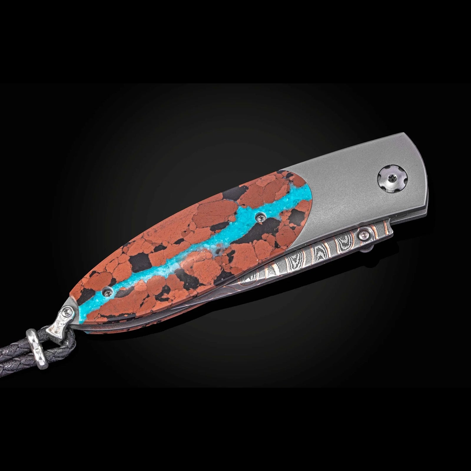 William Henry B05 Pahoehoe - Turquoise & Lava Rock Inlaid Titanium Frame w/ Firestorm Damascus Blade Folding Knife
