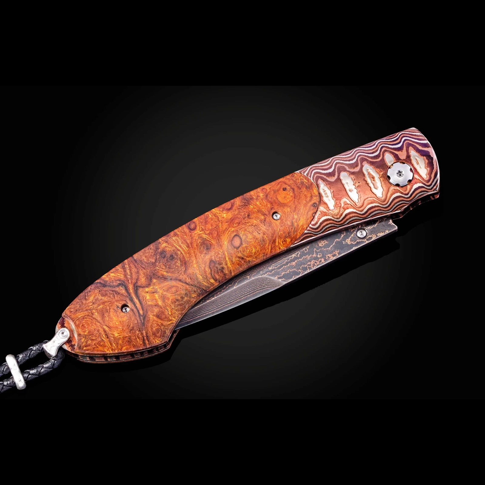 William Henry B12 Tiger Stripes - Desert Ironwood Burl Inlaid Mokume Gane Frame w/ Tiger Mai Damascus Blade Folding Knife