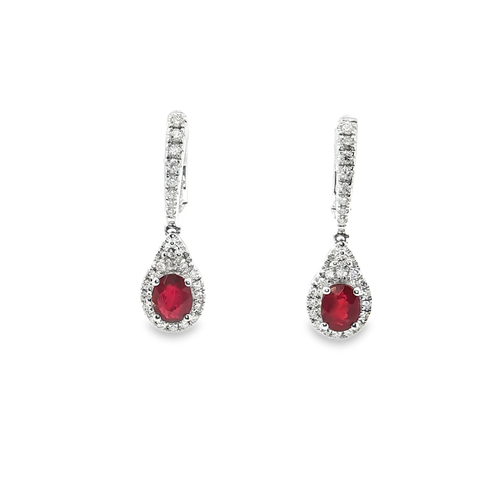 14K Yellow Gold Ruby & Diamond Huggie Hoop Dangle Earrings