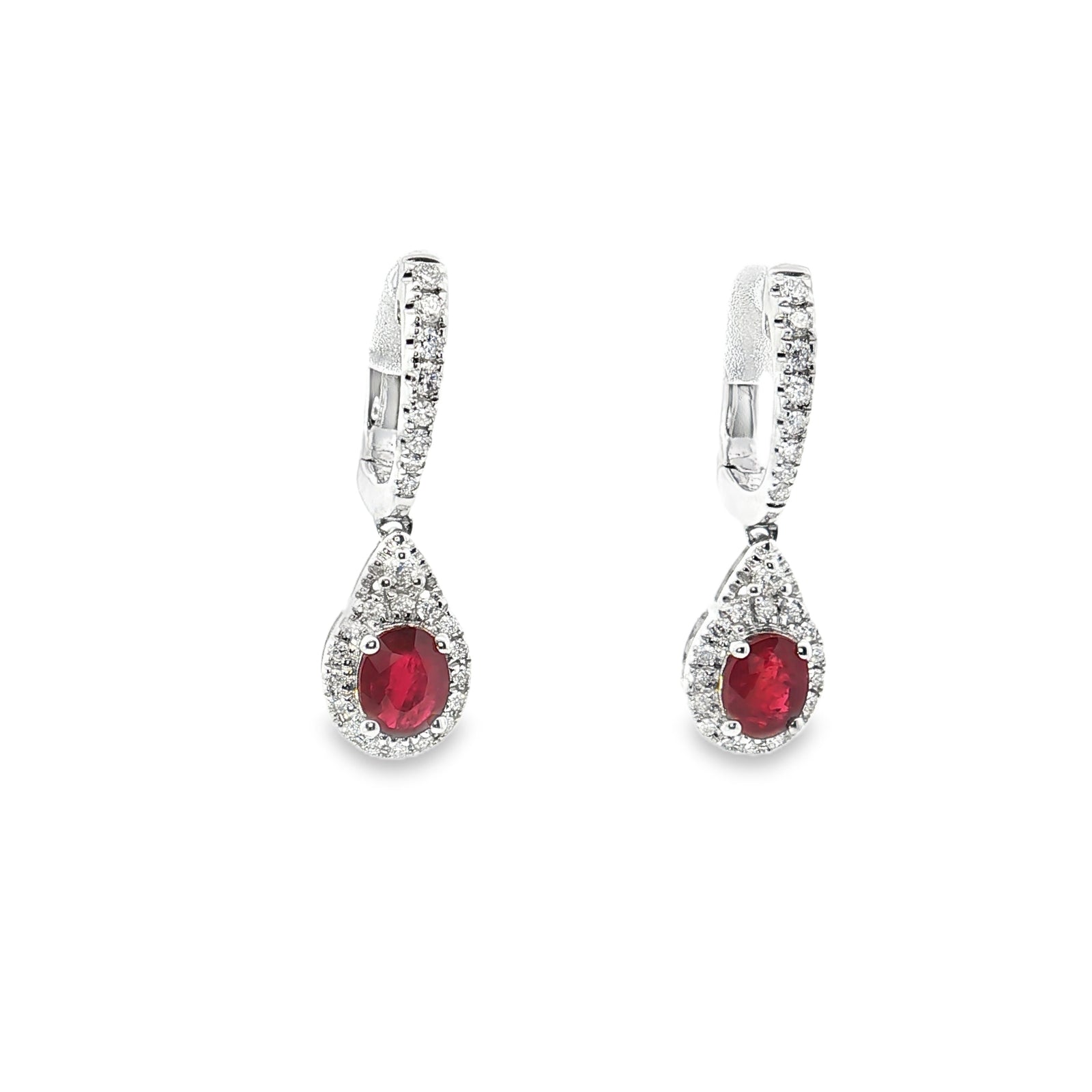 14K Yellow Gold Ruby & Diamond Huggie Hoop Dangle Earrings