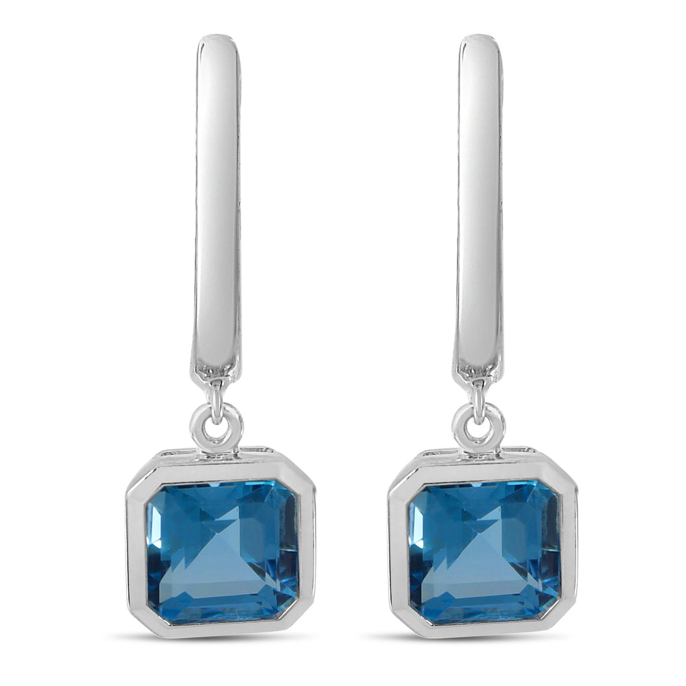 14K White Gold 1.34ct. Octagon Blue Topaz Dangle Huggie Hoop Earrings