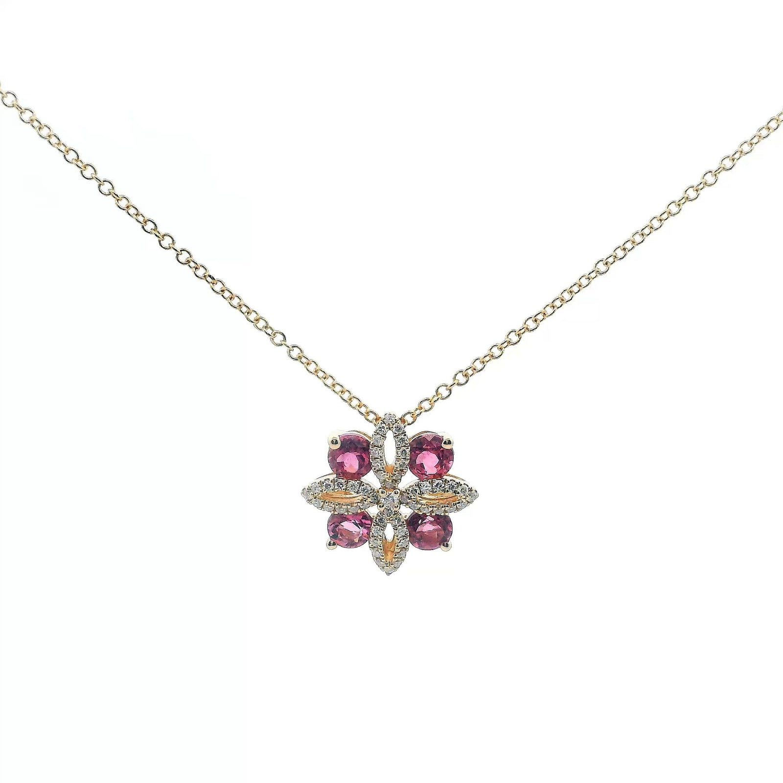 14K Yellow Gold 0.78cttw. Pink Tourmaline & 0.15cttw. Diamond Floral Pendant Necklace