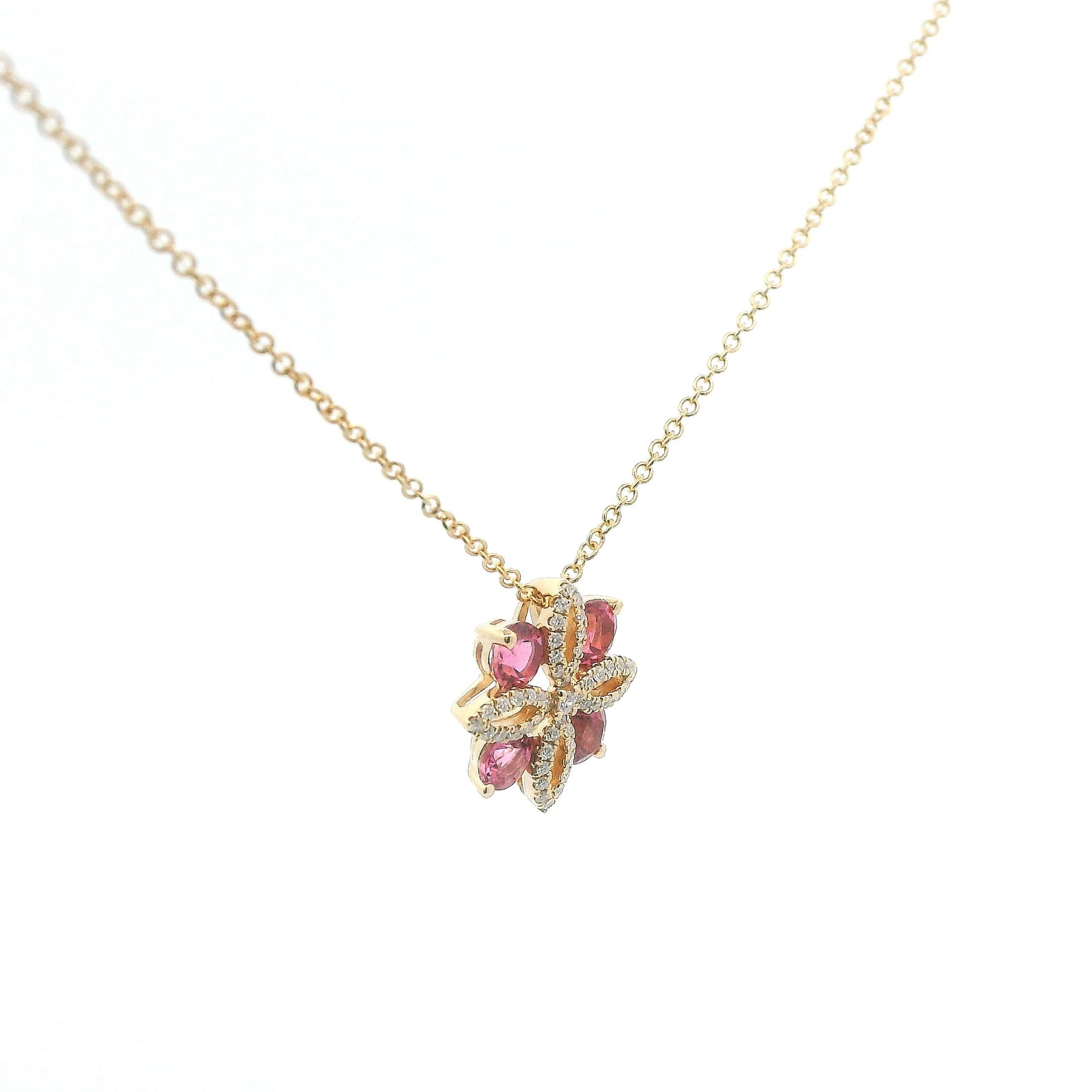 14K Yellow Gold 0.78cttw. Pink Tourmaline & 0.15cttw. Diamond Floral Pendant Necklace