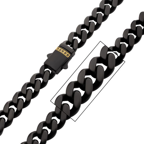 6mm Black Plated Stainless Steel Miami Cuban Matte Finish 22" Chain with Genuine Black Sapphire 18K Gold Plated Box Clasp NK659K-622