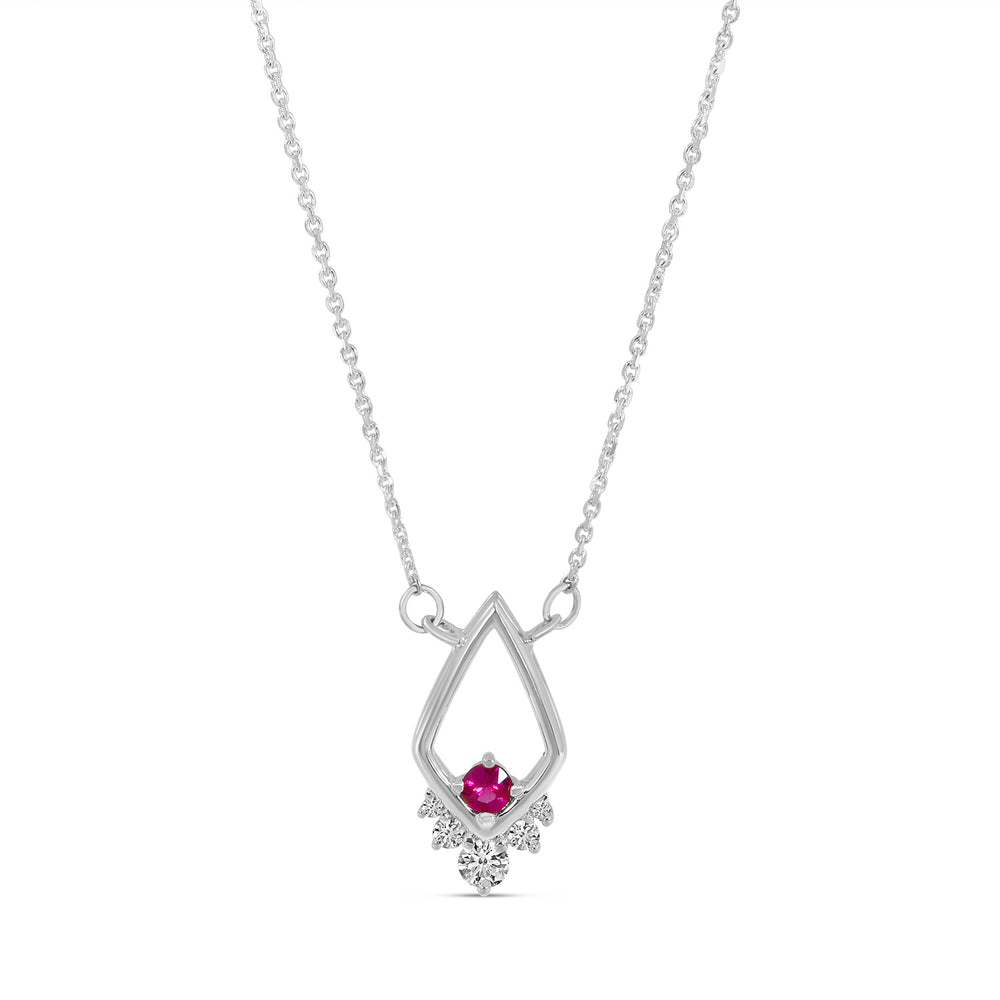 14K White Gold Ruby & Diamond Open Triangle Necklace