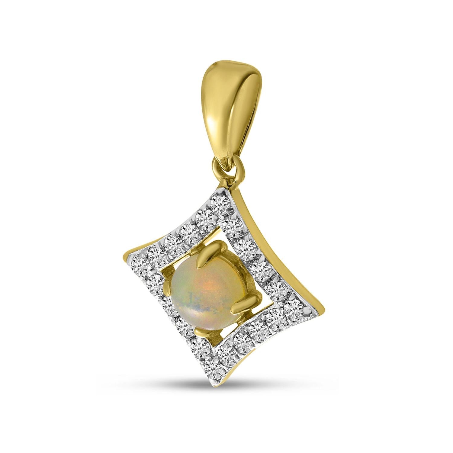 14K Yellow Gold 4MM Round Opal & 0.18cttw. Diamond Pendant