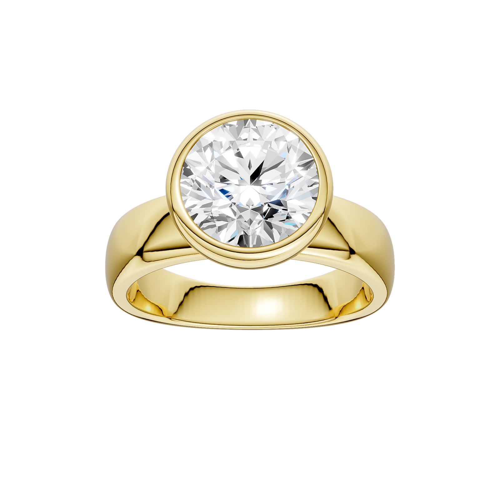 14K Yellow Gold 3.00 Carat Round Brilliant Cut Lab Grown Diamond Solitaire Bezel Set Wide Band Engagement Ring