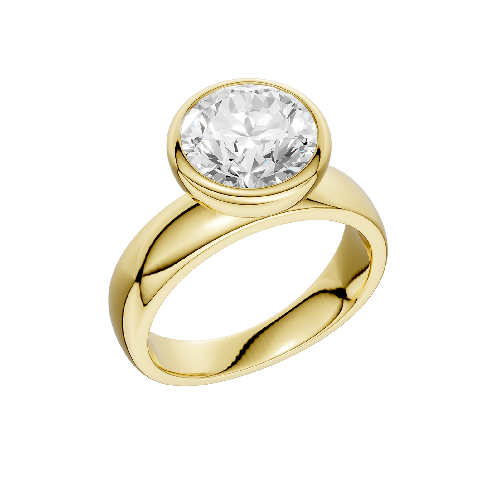 14K Yellow Gold 3.00 Carat Round Brilliant Cut Lab Grown Diamond Solitaire Bezel Set Wide Band Engagement Ring