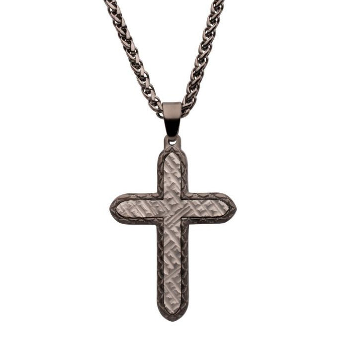 Gun Metal Plated Stainless Steel Chiseled Bold Cross Firenze Pendant With Wheat Chain SSP661GMNK