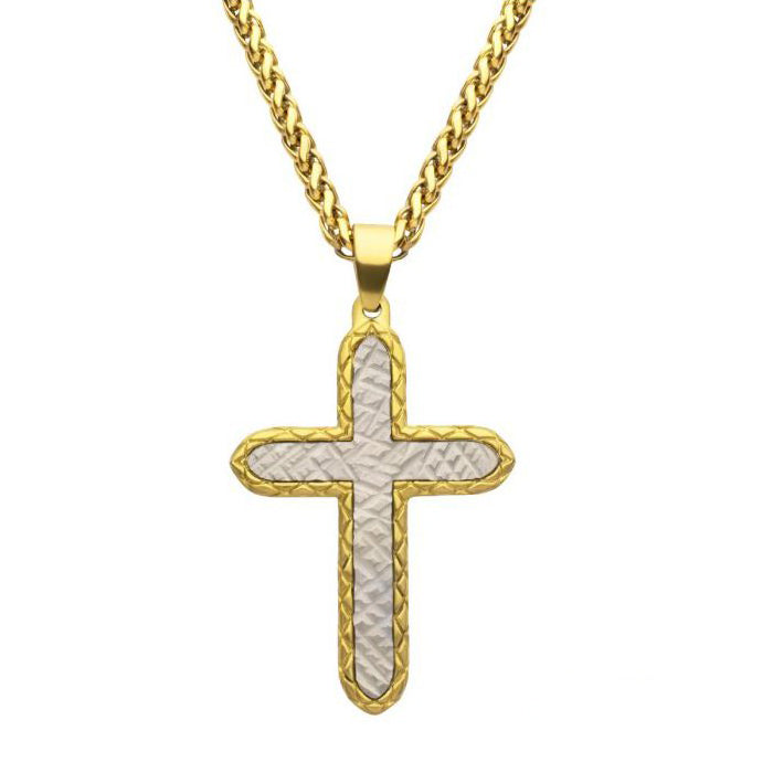 18K Gold Plated Stainless Steel Chiseled Bold Cross Firenze Pendant With Wheat Chain SSP661GPNK