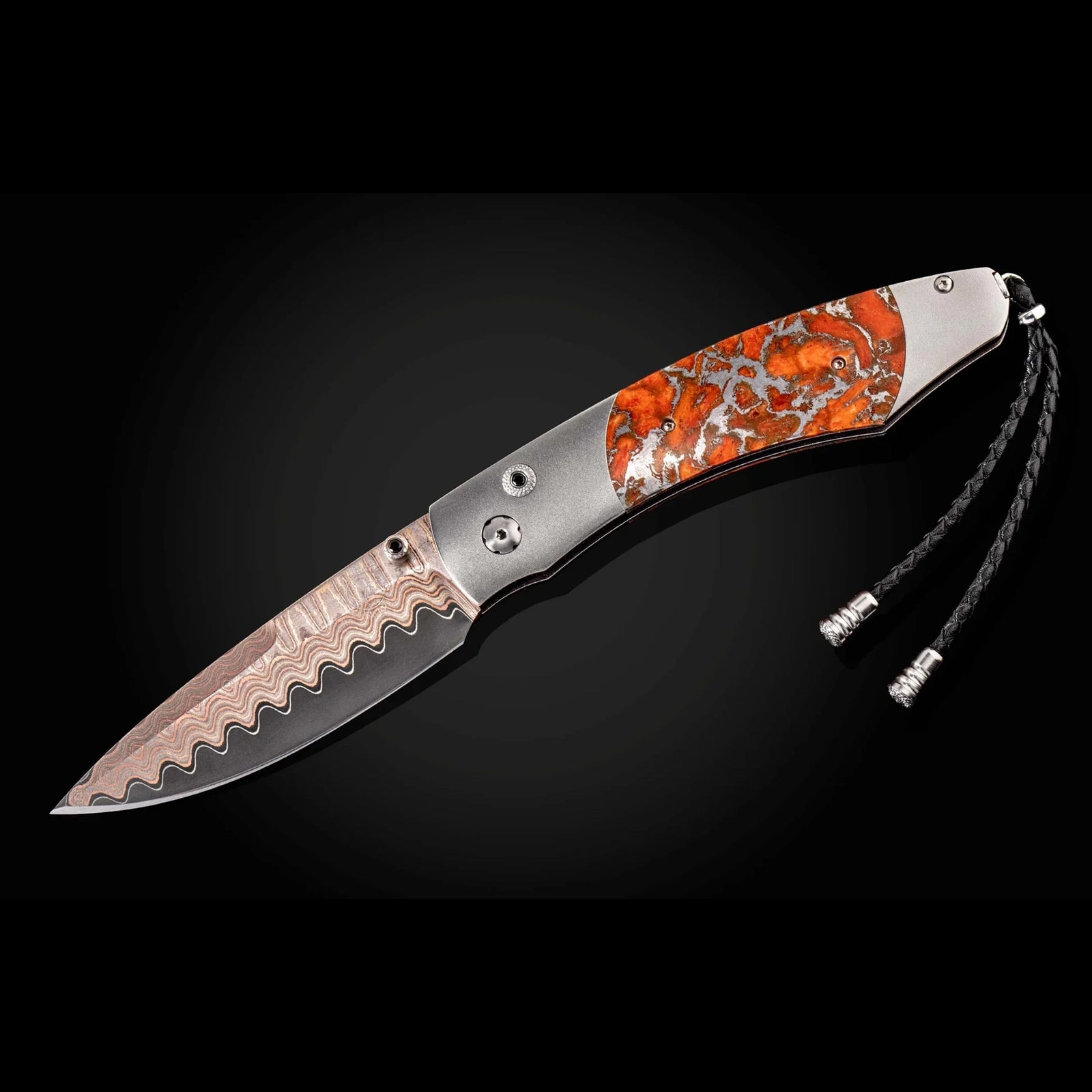 William Henry B12 Laguna - Apple Coral Inlaid Titanium Frame w/ Copper Wave Damascus Blade Folding Knife