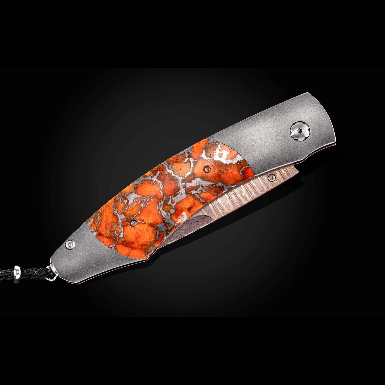William Henry B12 Laguna - Apple Coral Inlaid Titanium Frame w/ Copper Wave Damascus Blade Folding Knife
