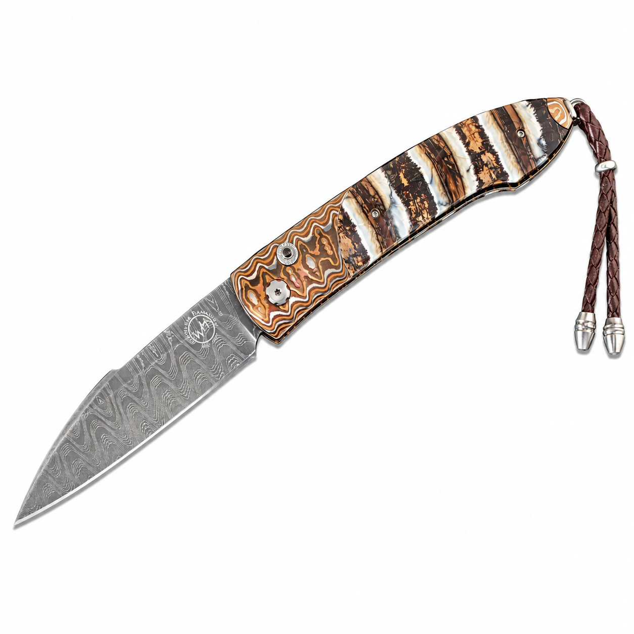 William Henry B22 Mammut - Woolly Mammoth Tooth Inlaid Wave Mokume Frame w/ Meadows Damascus Blade Automatic Folding Knife