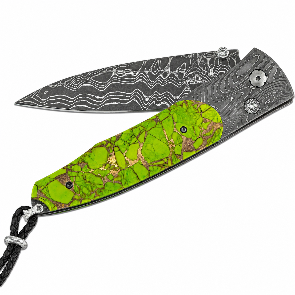 William Henry B30 Mojave Green - Mojave Green Turquoise & Copper Inlaid Twist Damascus Frame w/ Intrepid Damascus Blade Folding Knife