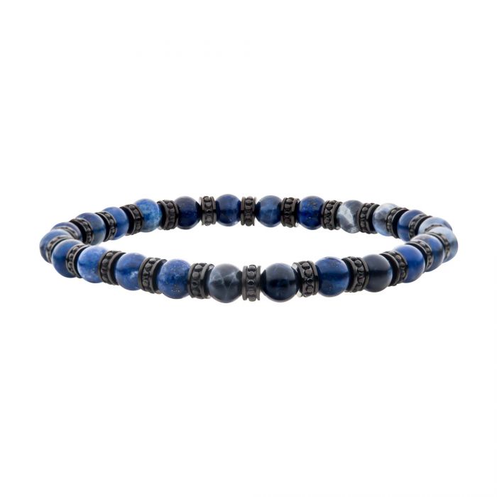 6.5mm Black Steel Disks Alternating with Genuine Lapis Lazuli & Blue Sodalite Stone Beads 8" Bracelet BR42285LA