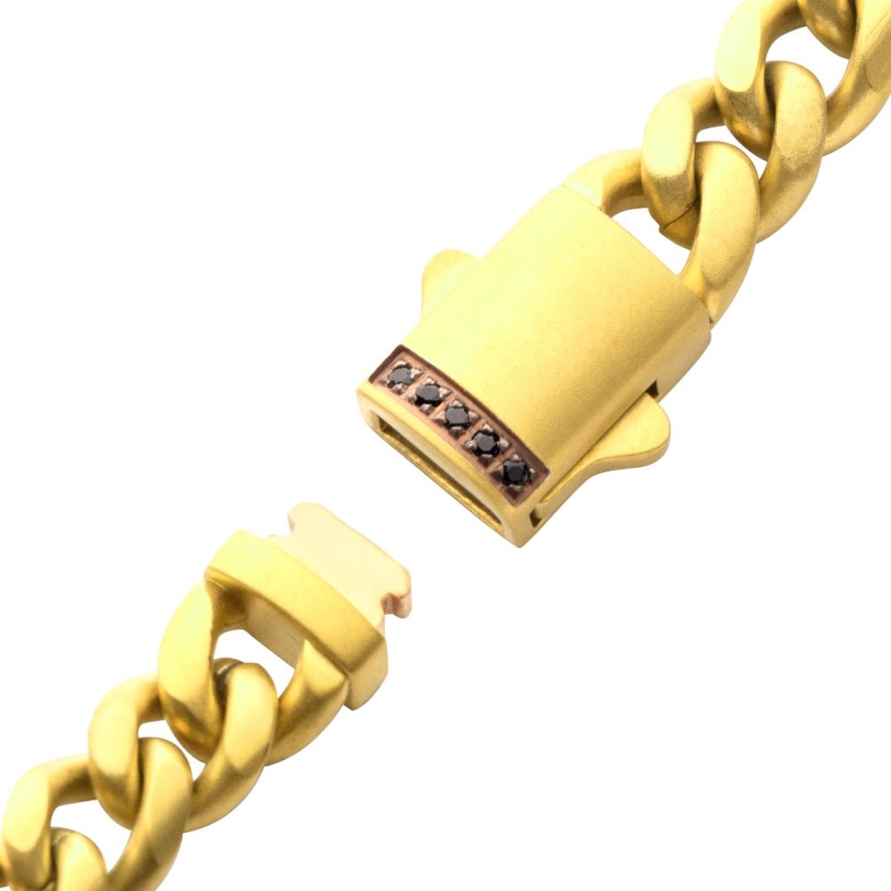 6mm 18K Gold Plated Stainless Steel Miami Cuban Matte Finish 8" Chain Bracelet with Genuine Black Sapphire 18K Gold Plated Box Clasp BR659GP-680