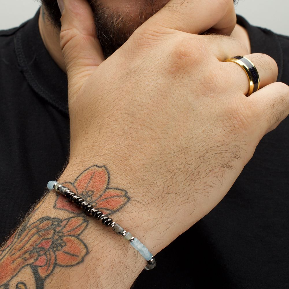 Tundra Labradorite / Aquamarine & Moonstone Heishi Bead 7.75" Bracelet BRHSHI05-775