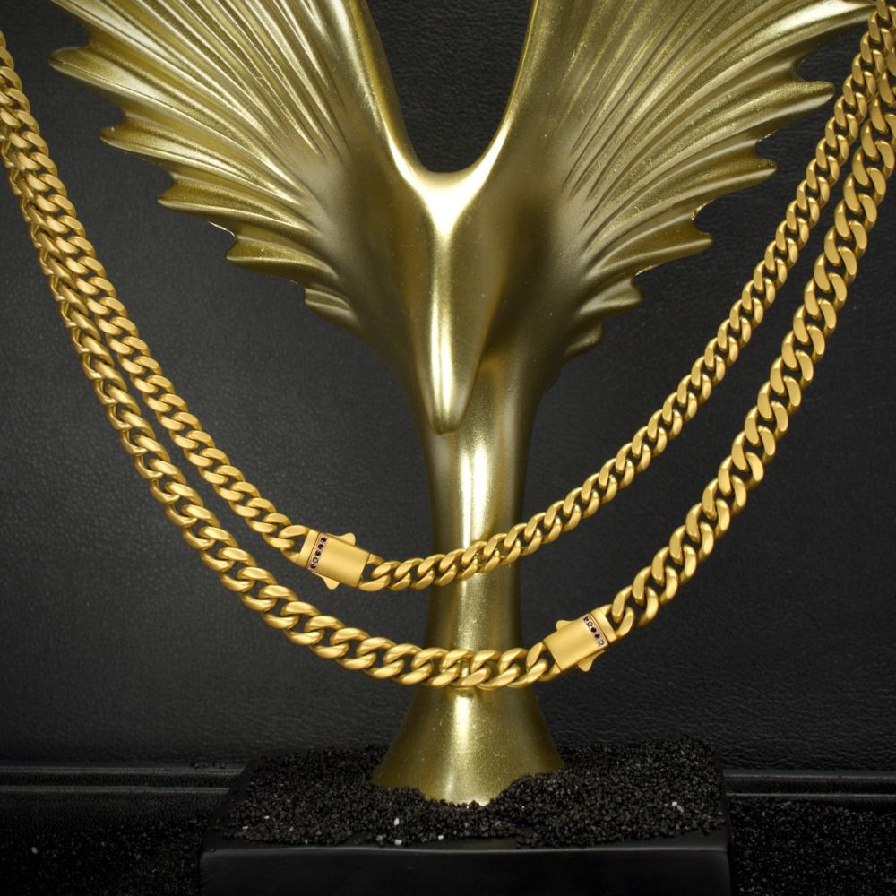 6mm 18K Gold Plated Stainless Steel Miami Cuban Matte Finish 22" Chain with Genuine Black Sapphire 18K Gold Plated Box Clasp NK659GP-622