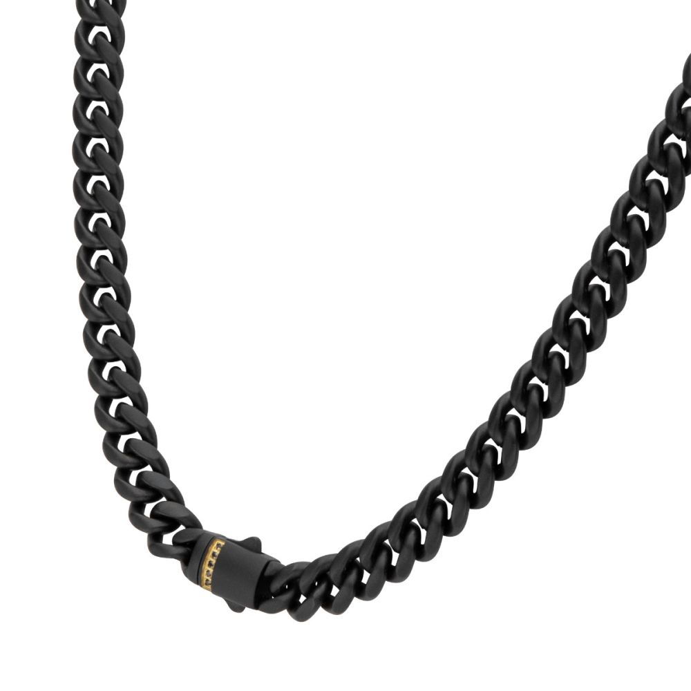 6mm Black Plated Stainless Steel Miami Cuban Matte Finish 22" Chain with Genuine Black Sapphire 18K Gold Plated Box Clasp NK659K-622