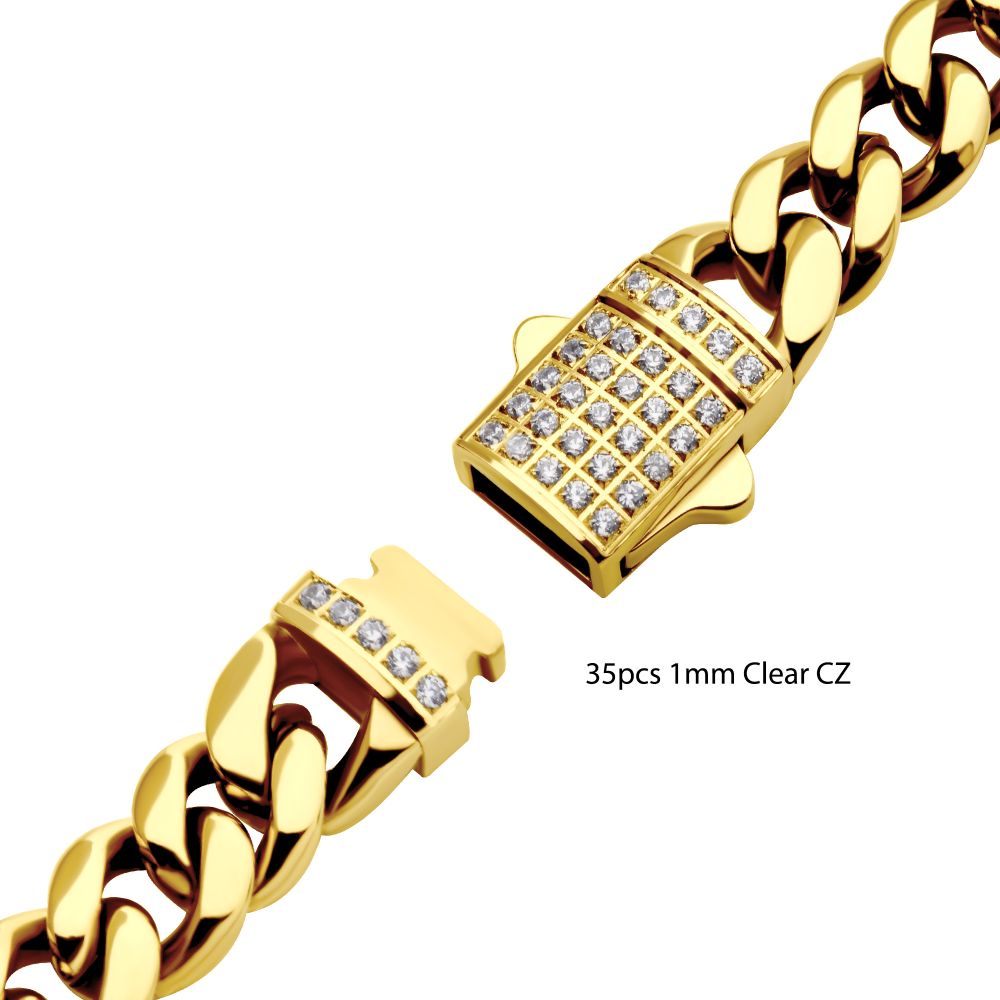 6mm 18K Gold Plated Stainless Steel Miami Cuban 8" Chain Bracelet With Precision Set Cubic Zirconia Box Clasp NSTC2106-8GP