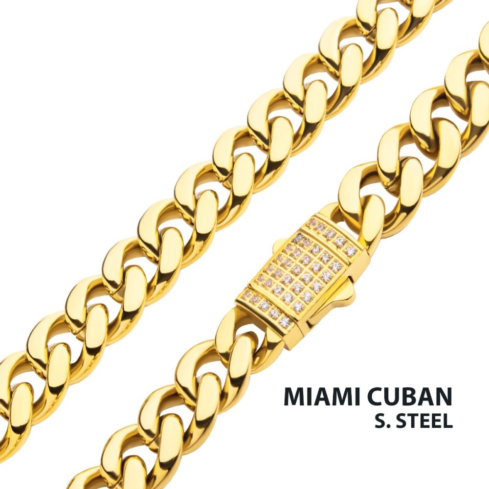 8mm 18K Gold Plated Stainless Steel Miami Cuban 24" Chain With Precision Set Cubic Zirconia Box Clasp NSTC2108-24GP