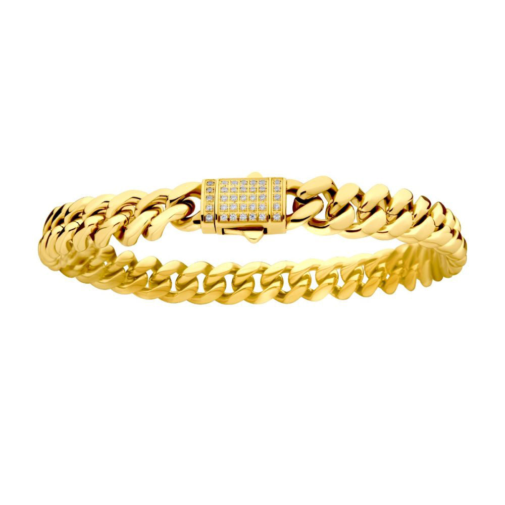 8mm 18K Gold Plated Stainless Steel Miami Cuban 8" Chain Bracelet With Precision Set Cubic Zirconia Box Clasp NSTC2108-8GP