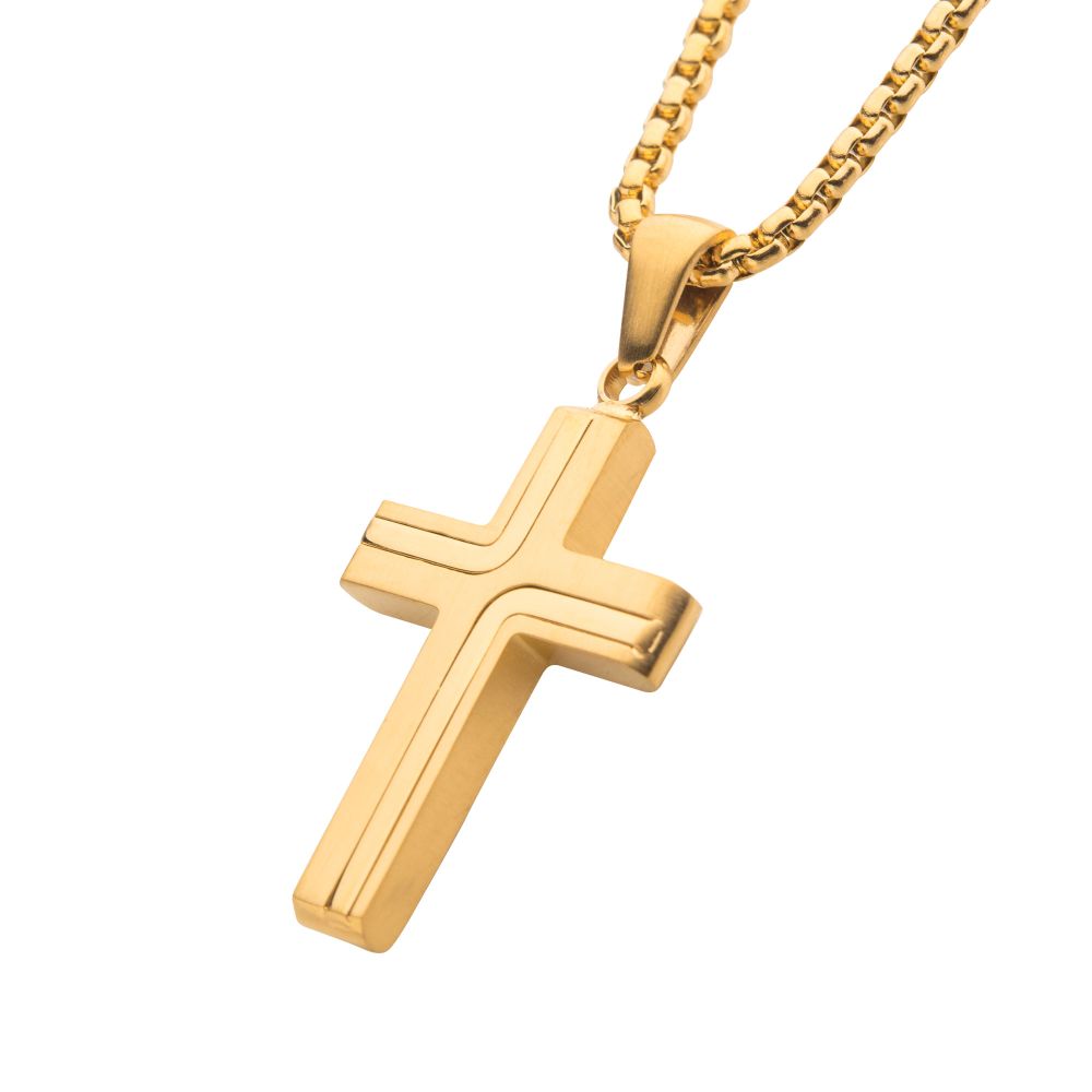 18K Gold Plated Stainless Steel Cross Drop Pendant With Round Box Chain SSP15465NKGP