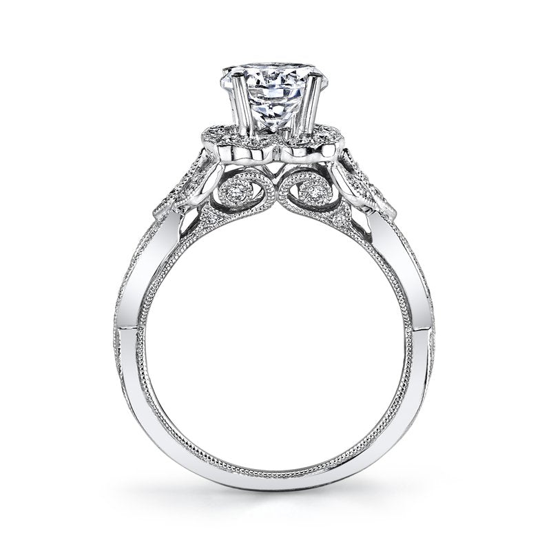 Mars Bridal Vintage Floral Motif Elaborate Petal Design Halo w/ Embellished Profile Diamond Engagement Ring 26592