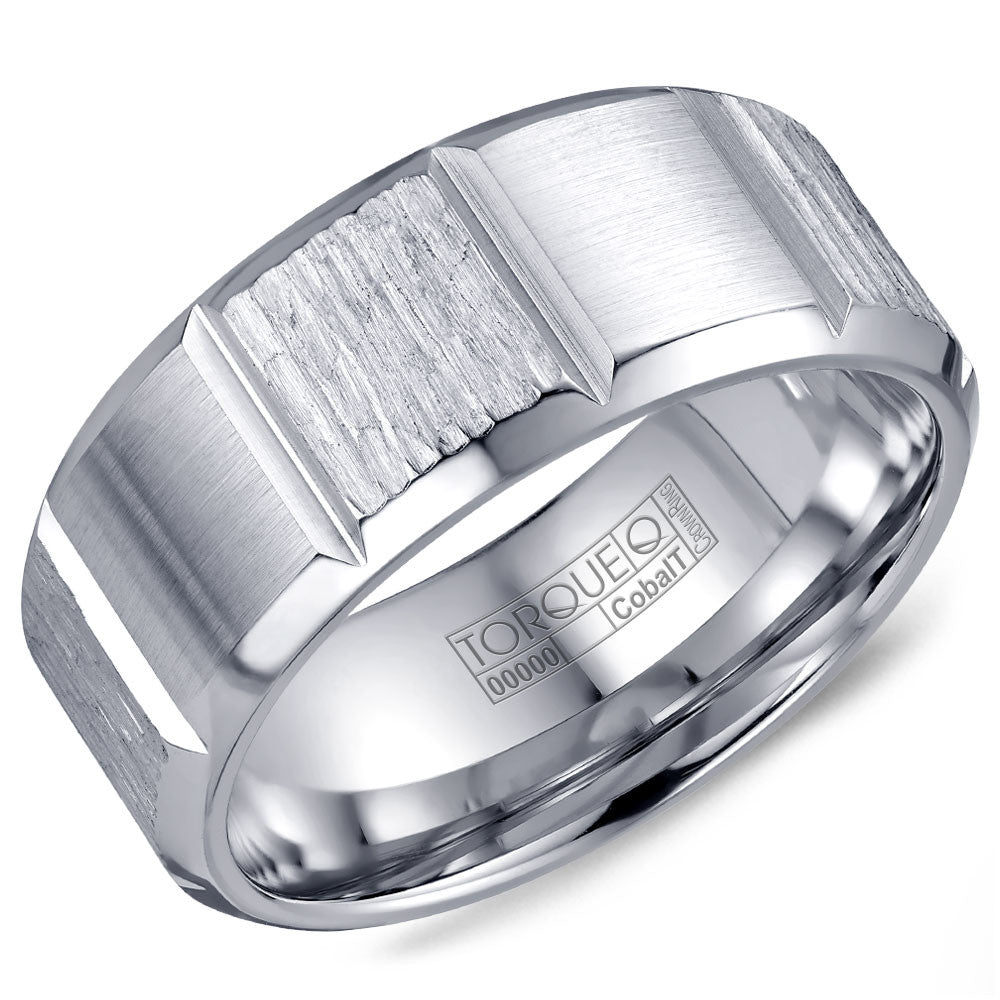 Torque Cobalt Collection 9MM Wedding Band with Textured Center & Carved Detailing CB-2193