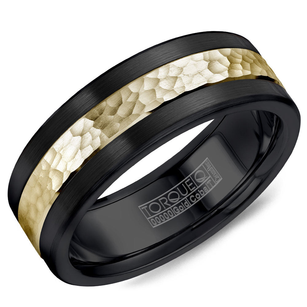 Torque Black Cobalt & Gold Collection 7.5MM Wedding Band with 14K Yellow Gold Hammered Center CB005MY75