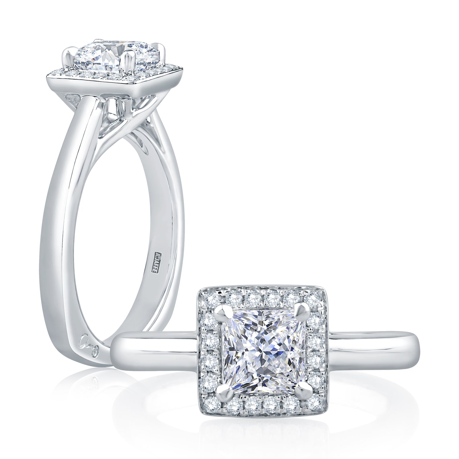 A.Jaffe Signature Princess Square Diamond Halo Solitaire Engagement Ring MES471/86