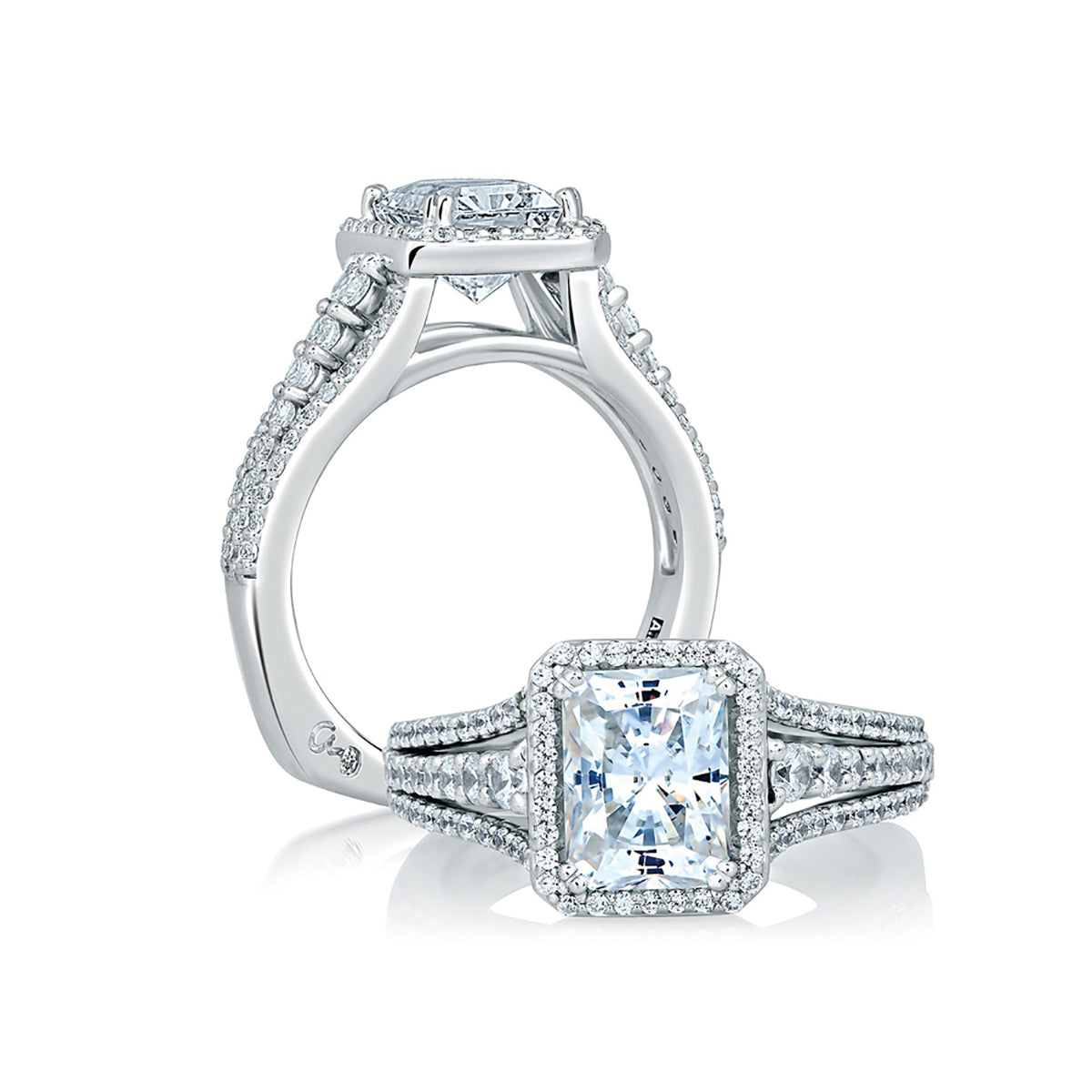 A.Jaffe Regal Triple Split Emerald Halo Diamond Engagement Ring MES568/162