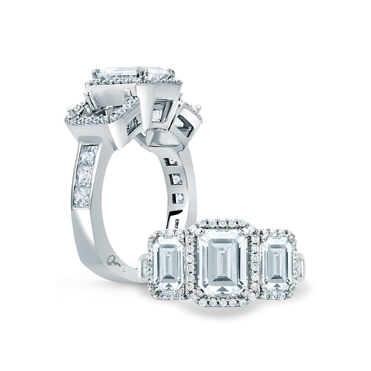 A.Jaffe Classic Three Stone Emerald Cut Halo Engagement Ring MES694/435