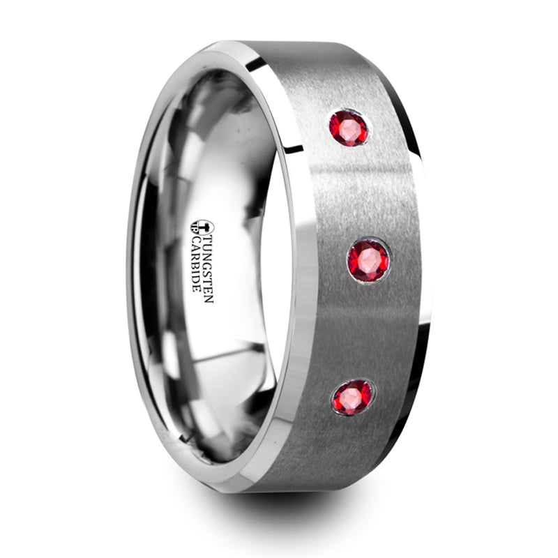 Thorsten Nereus Brushed Tungsten Flat Wedding Band w/ Polished Beveled Edges & Rubies (8mm) T5415-BPTR