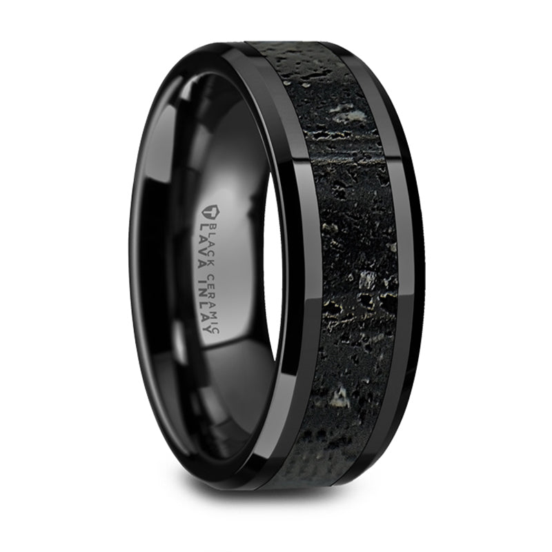Thorsten Vesuvius Polished Black Ceramic Wedding Band w/ Black & Gray Lava Rock Stone Inlay & Polished Beveled Edges (8mm) W1491-BCLI