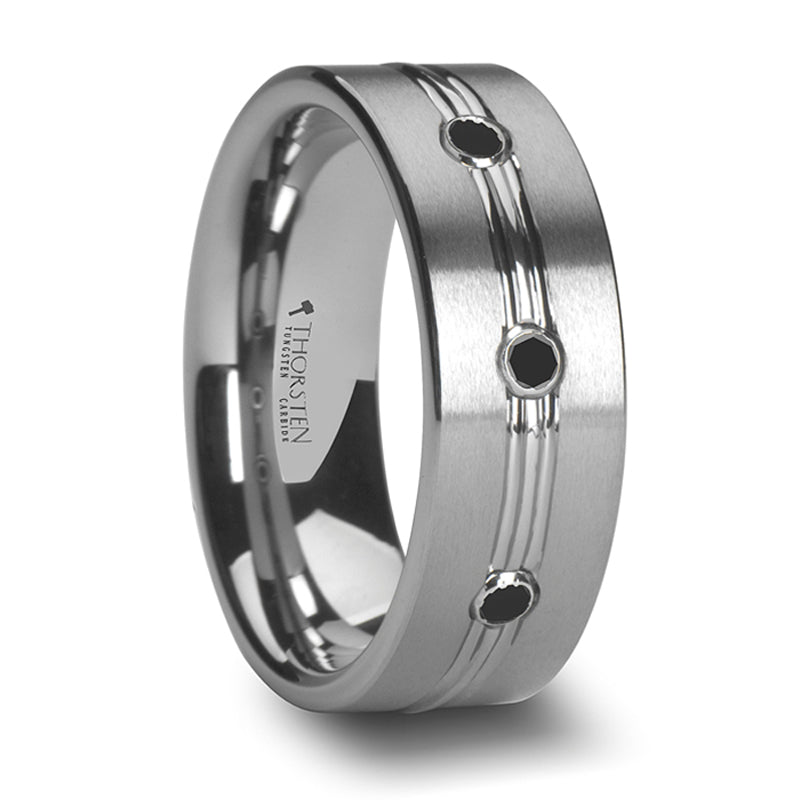 Thorsten Royale Tungsten Carbide Ring w/ Polished Grooved Center & Triple Black Diamonds (8mm) W762-TBDT