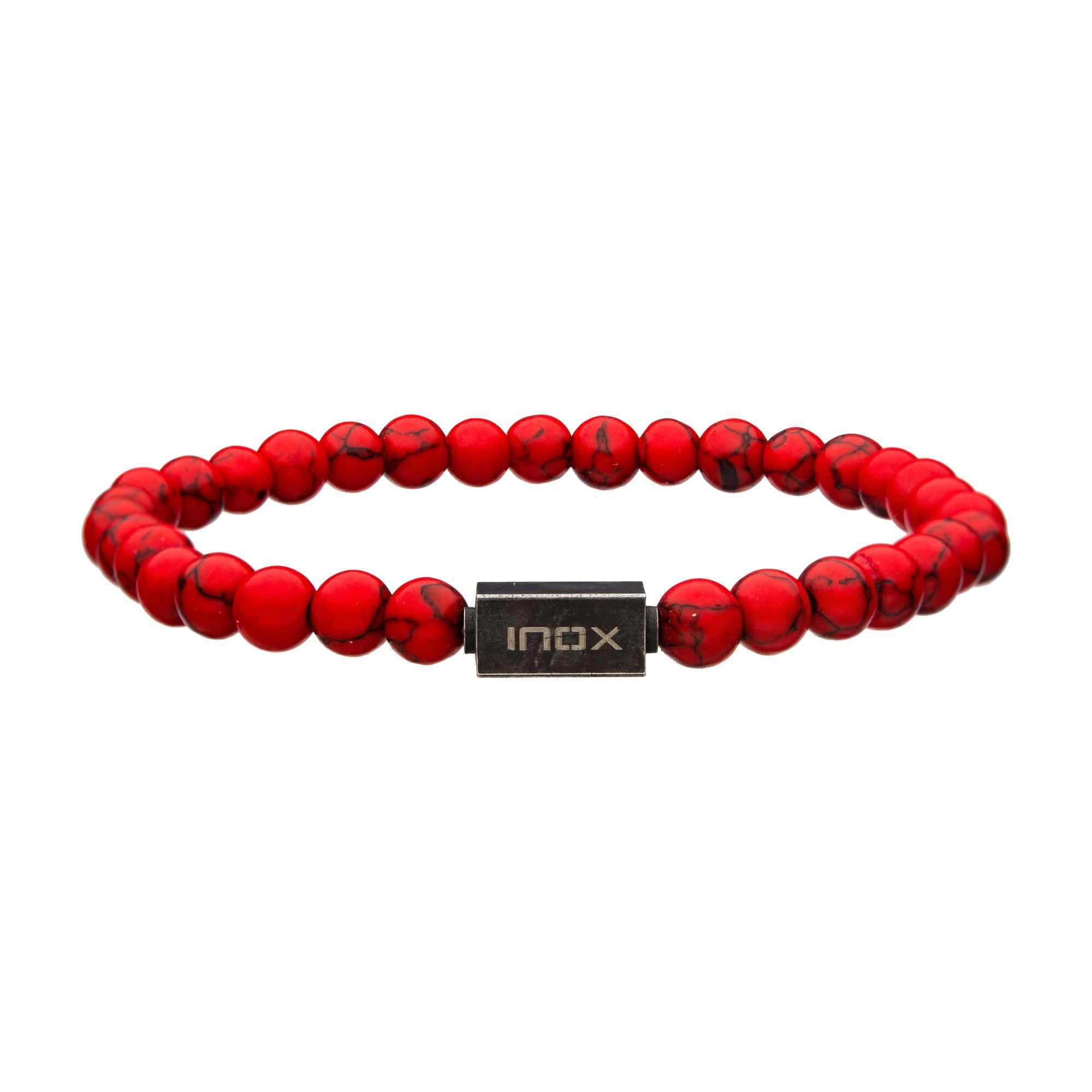6mm Red Turquoise Gemstone Stretch Bead 8" Bracelet with Steel Clasp BRELR
