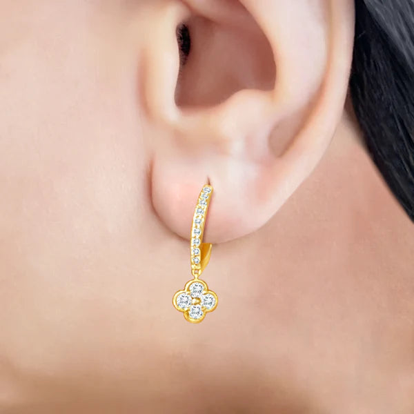 14K Yellow Gold 0.60cttw. Diamond Clover Dangle Huggie Hoop Earrings