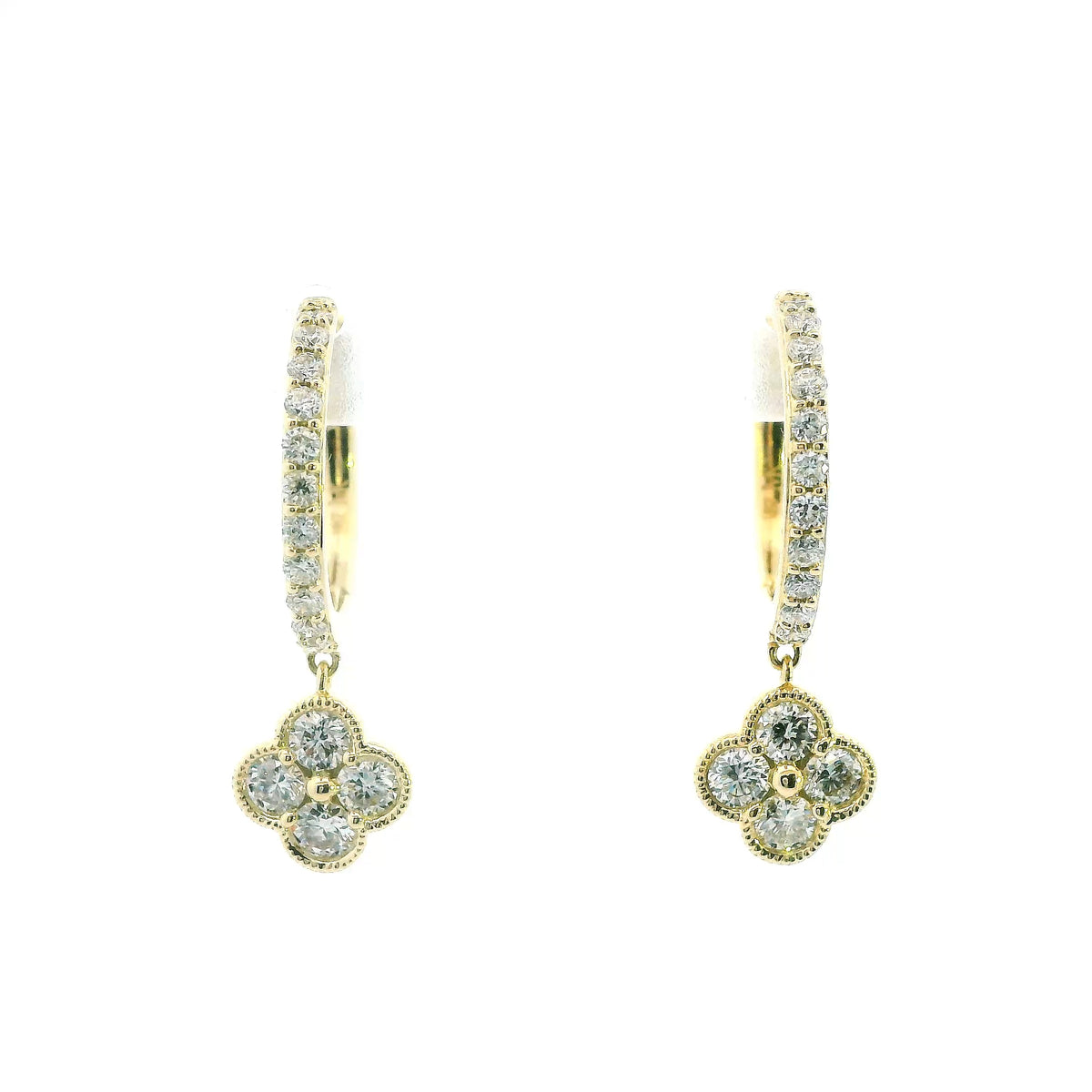 14K Yellow Gold 0.60cttw. Diamond Clover Dangle Huggie Hoop Earrings