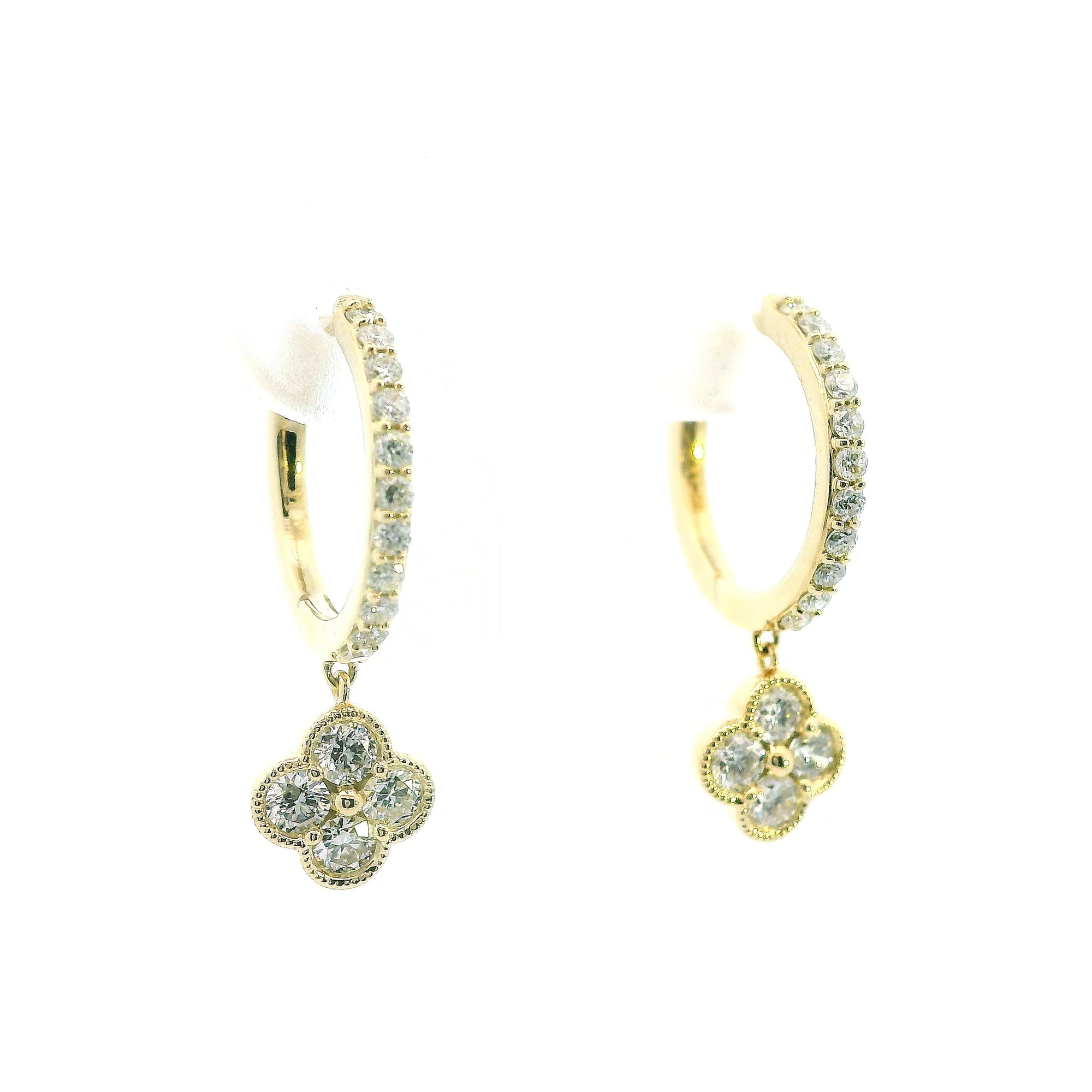 14K Yellow Gold 0.60cttw. Diamond Clover Dangle Huggie Hoop Earrings