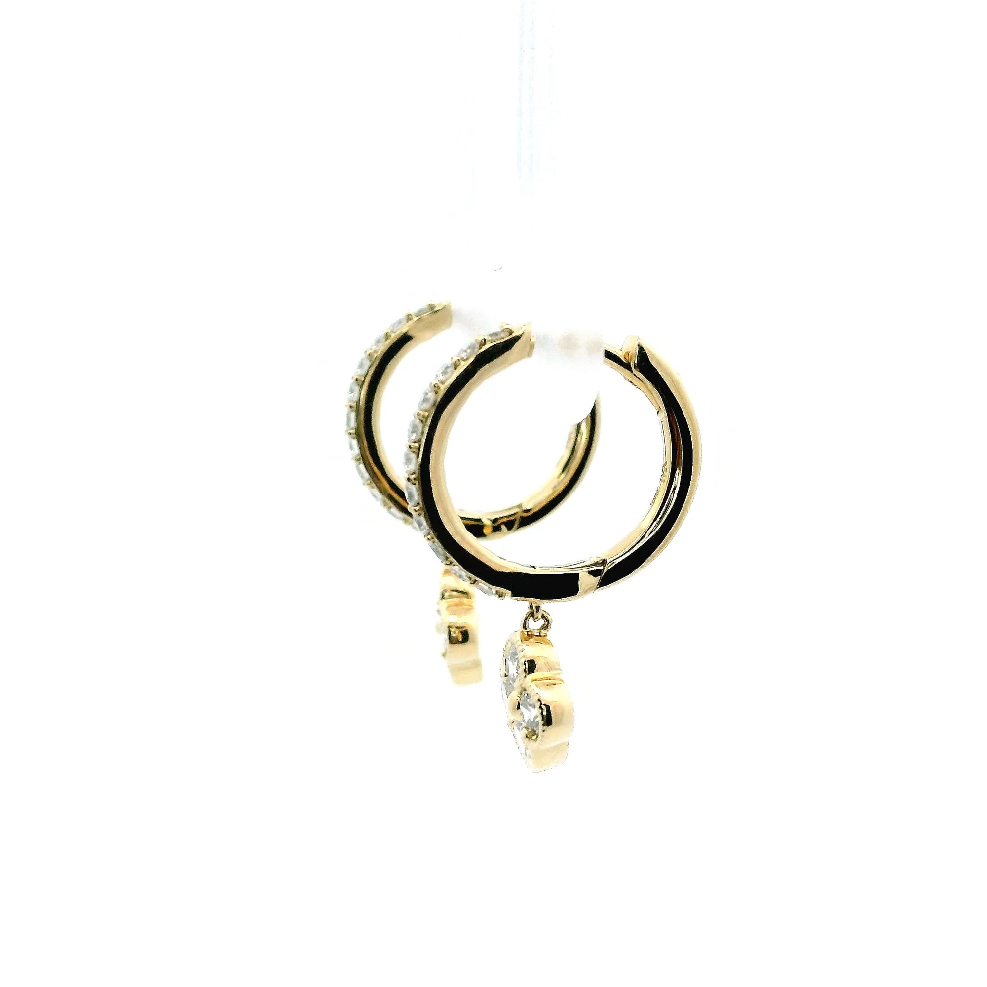 14K Yellow Gold 0.60cttw. Diamond Clover Dangle Huggie Hoop Earrings