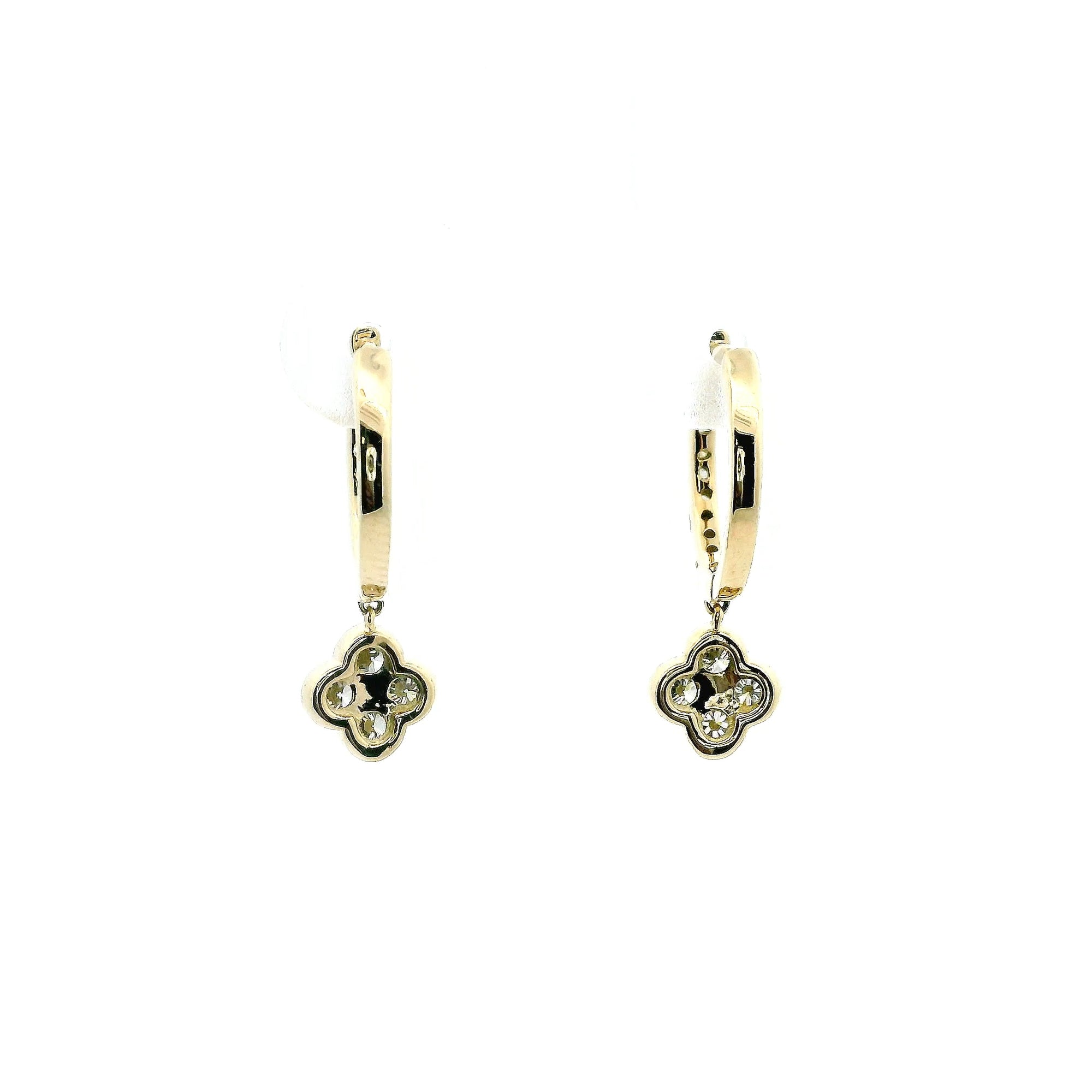 14K Yellow Gold 0.60cttw. Diamond Clover Dangle Huggie Hoop Earrings