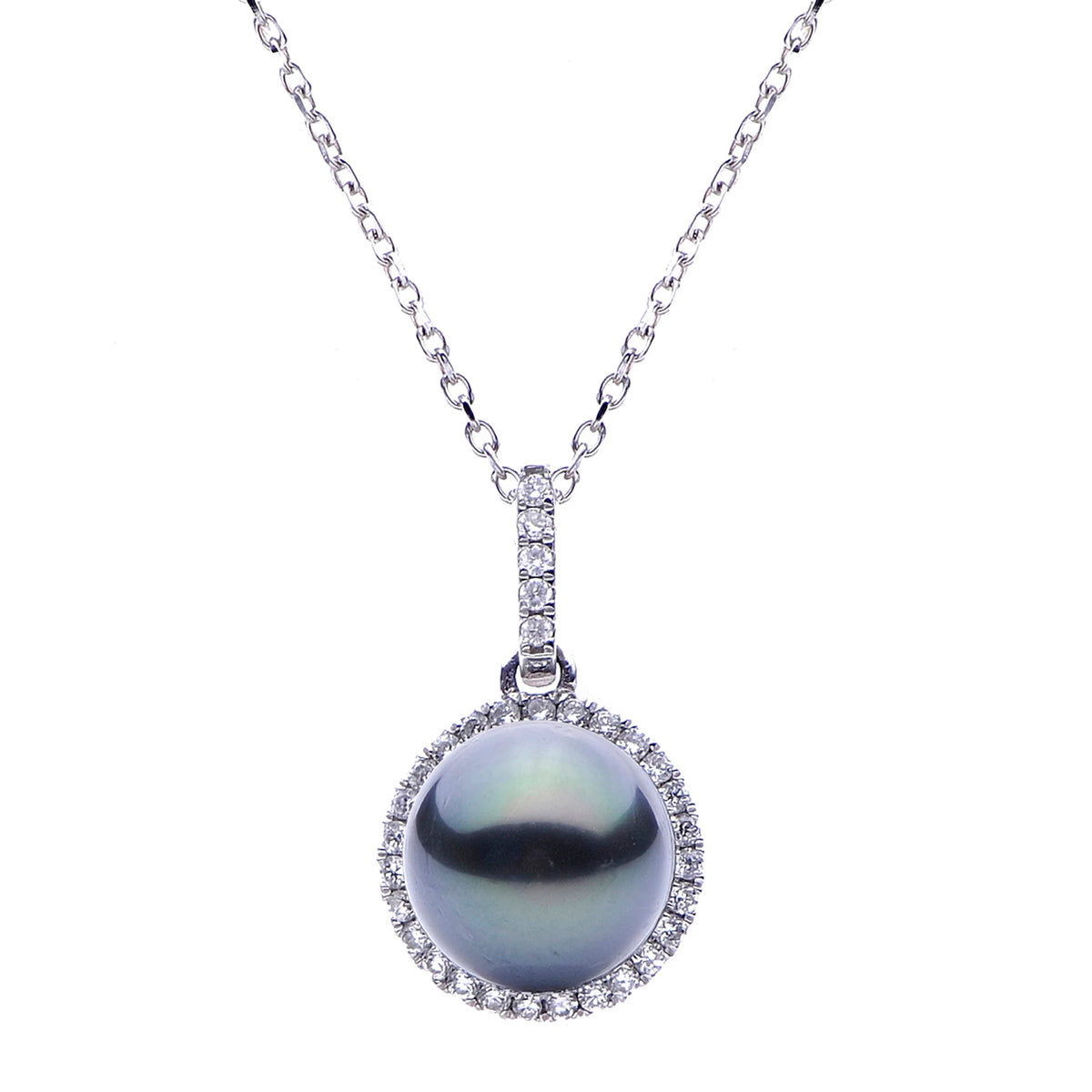 14K White Gold Tahitian Pearl &amp; Diamond Halo Necklace