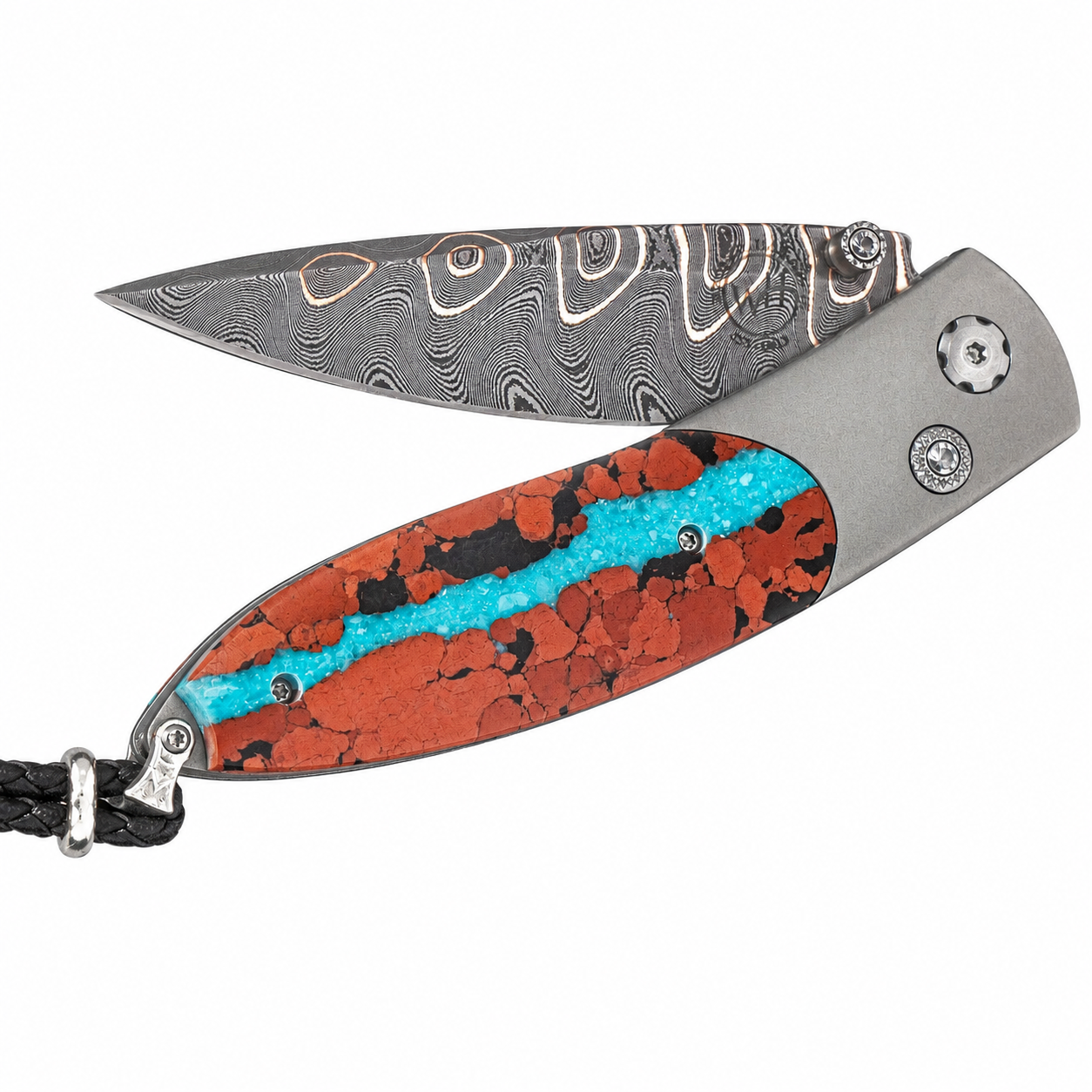 William Henry B05 Pahoehoe - Turquoise & Lava Rock Inlaid Titanium Frame w/ Firestorm Damascus Blade Folding Knife