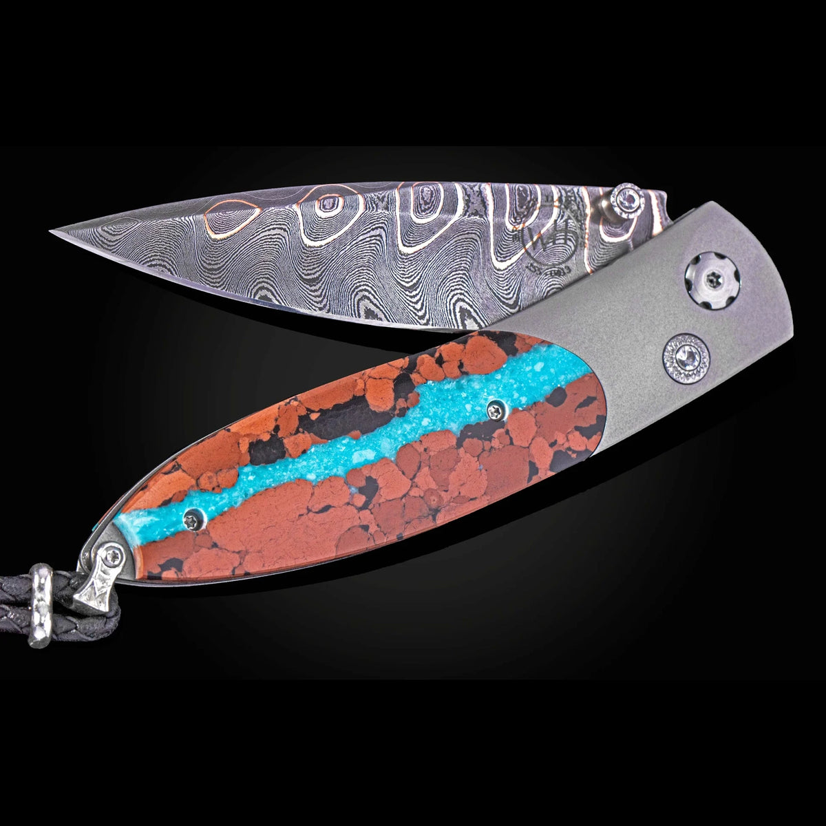 William Henry B05 Pahoehoe - Turquoise & Lava Rock Inlaid Titanium Frame w/ Firestorm Damascus Blade Folding Knife