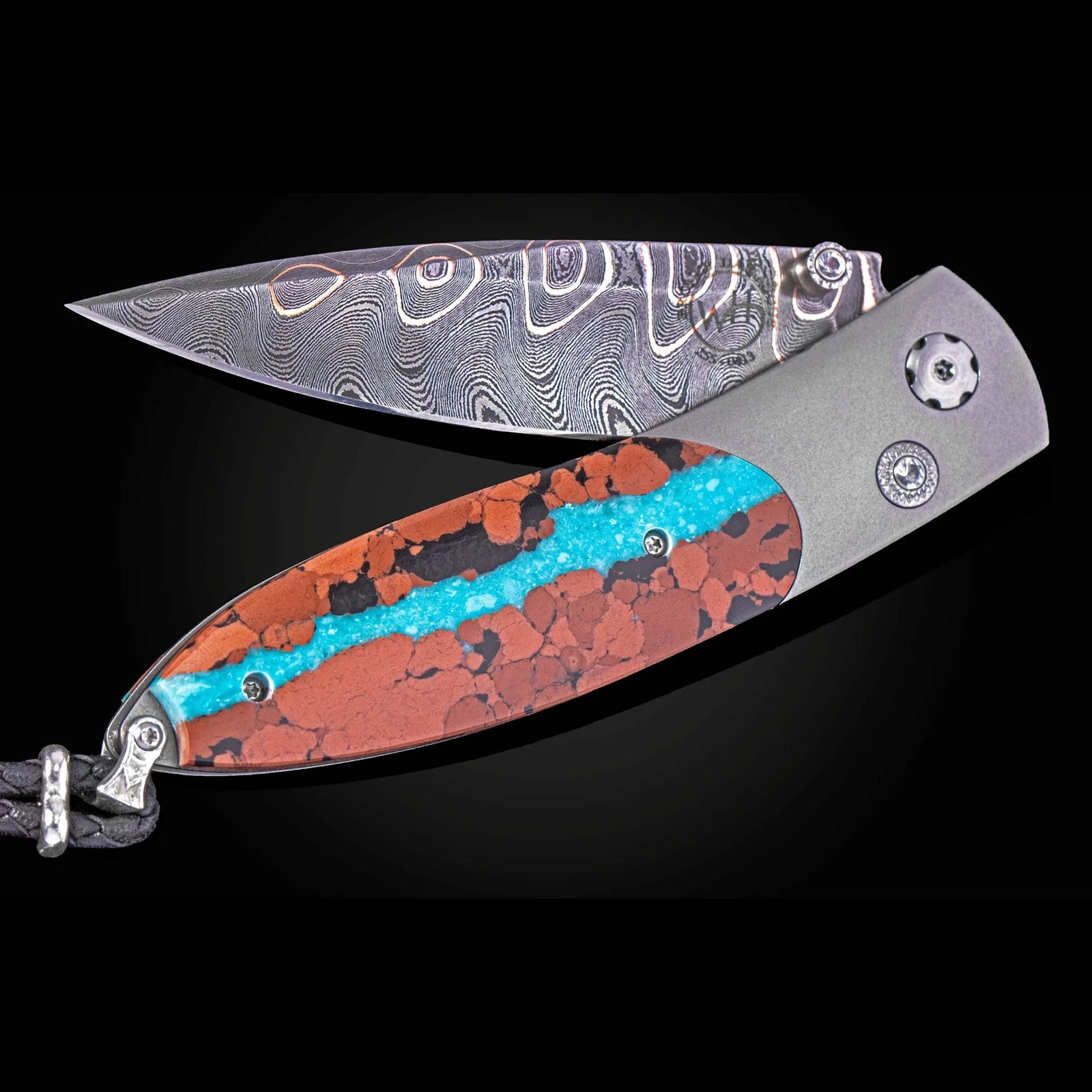 William Henry B05 Pahoehoe - Turquoise & Lava Rock Inlaid Titanium Frame w/ Firestorm Damascus Blade Folding Knife