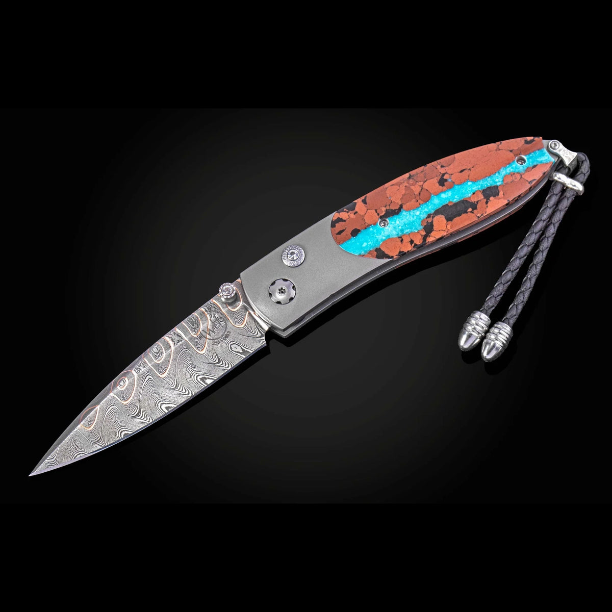 William Henry B05 Pahoehoe - Turquoise & Lava Rock Inlaid Titanium Frame w/ Firestorm Damascus Blade Folding Knife