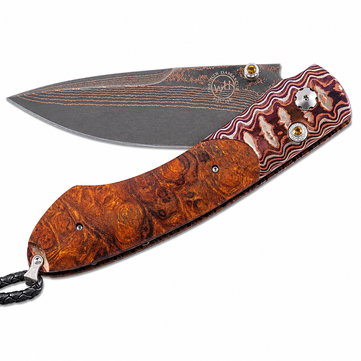William Henry B12 Tiger Stripes - Desert Ironwood Burl Inlaid Mokume Gane Frame w/ Tiger Mai Damascus Blade Folding Knife