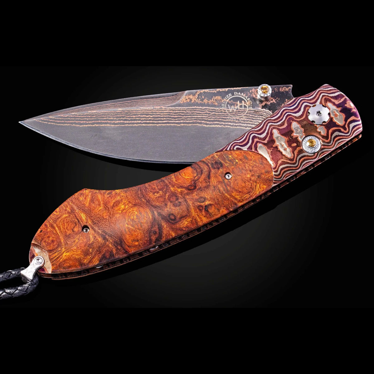William Henry B12 Tiger Stripes - Desert Ironwood Burl Inlaid Mokume Gane Frame w/ Tiger Mai Damascus Blade Folding Knife